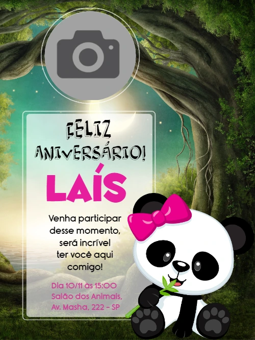 Convite Aniversário Panda com Foto Editável Online