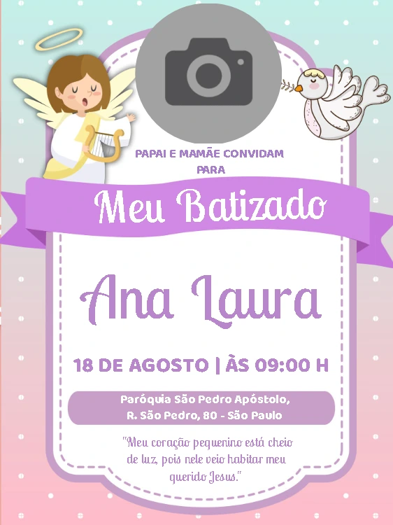 Convite de Batizado com Foto de Anjinho para Editar Online