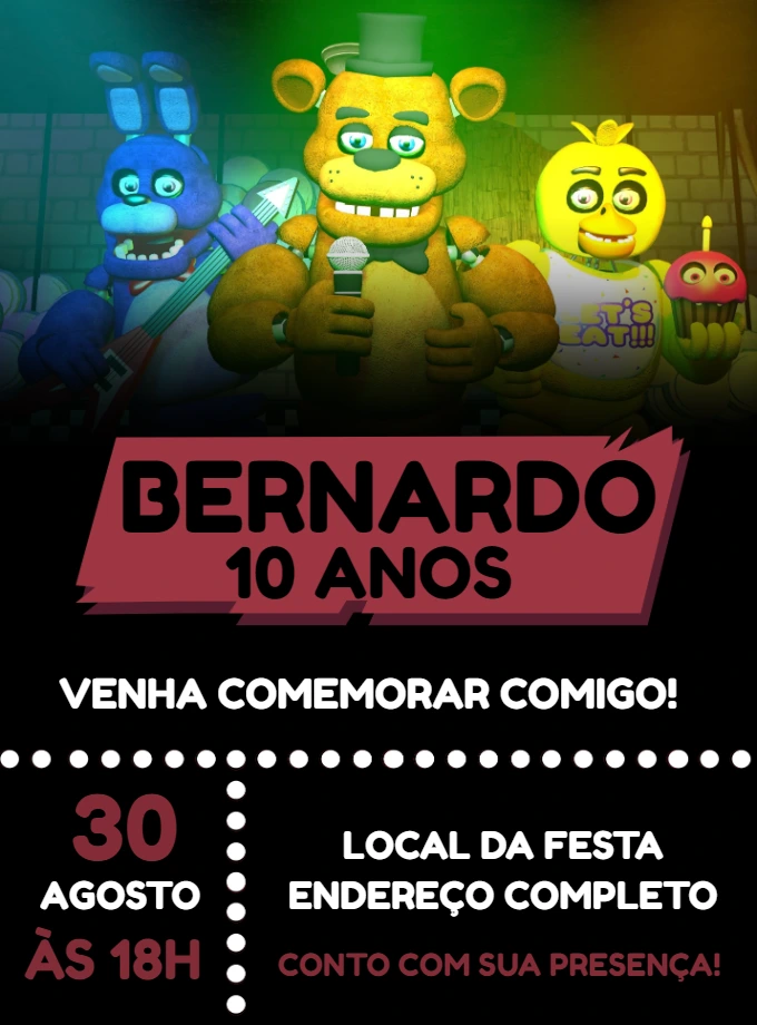 Convite de Aniversário Five Nights at Freddy's para Editar