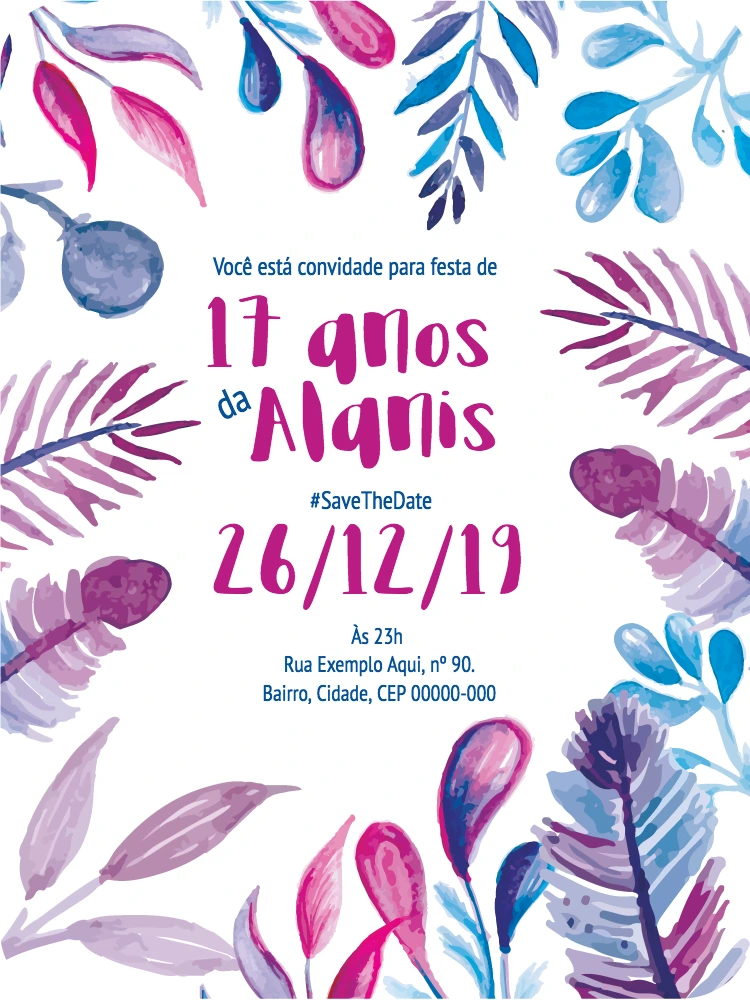 Convite de Aniversário Folhagem Aquarela para Editar Online
