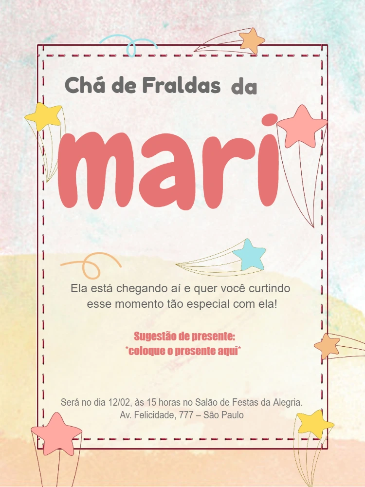 Convite Chá de Fraldas Estrelinhas Rosa para Editar Online