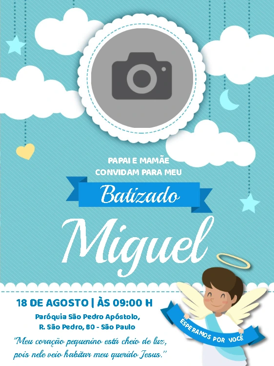 Convite de Batizado Anjinho com Foto para Editar Online