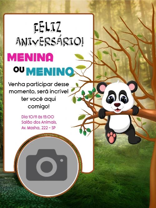 Convite de Aniversário Panda com Foto para Editar Online