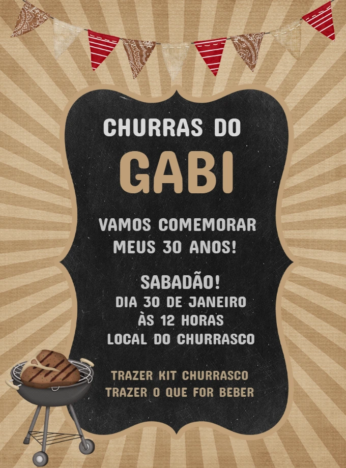 Convite de Aniversário Churrasco Rústico para Editar Online