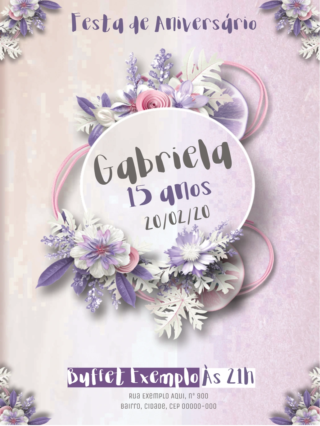 Convite 15 Anos Floral Lilás para Editar Online