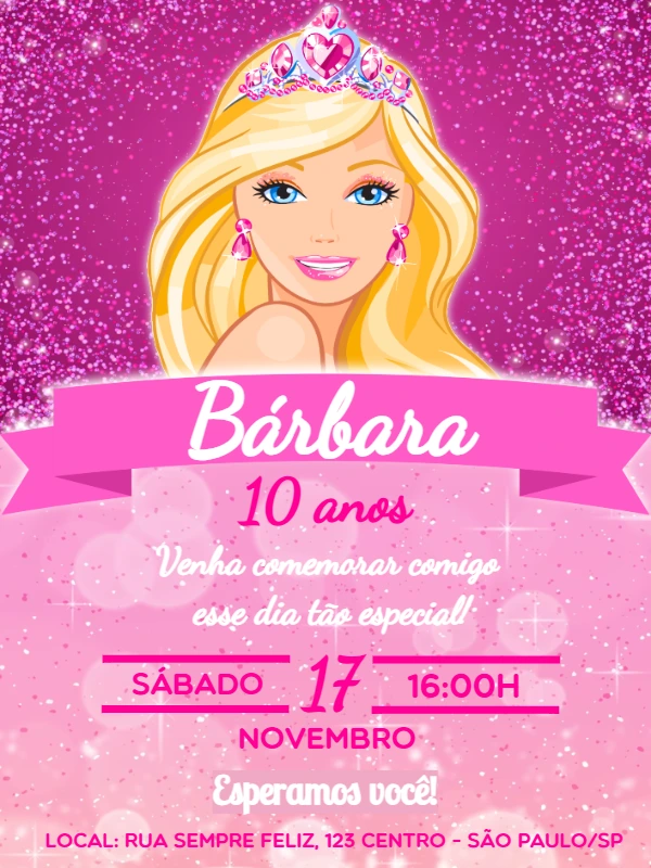 Convite de Aniversário Barbie Princesa para Editar Online