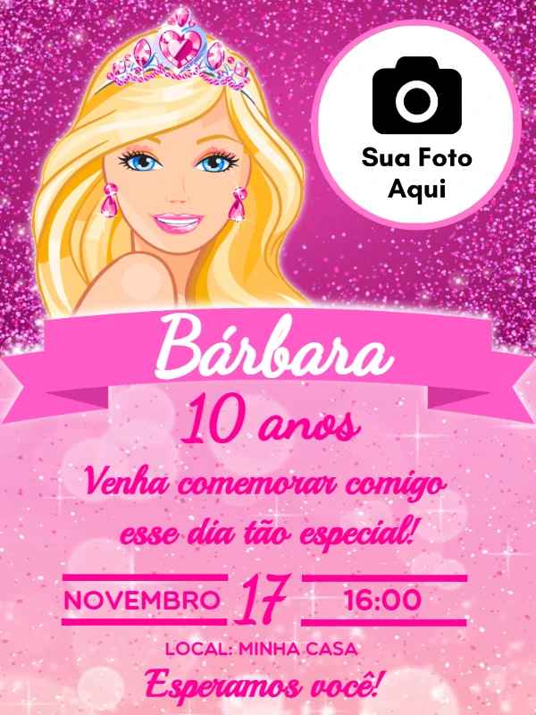 Convite Aniversário Barbie com Foto para Editar Online