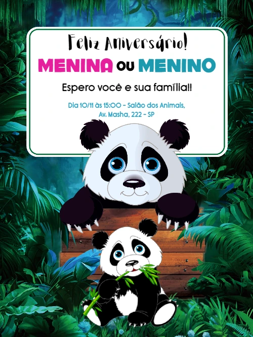 Convite de Aniversário Tema Panda Editável Online