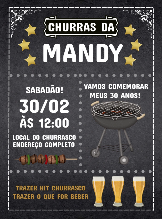 Convite Aniversário Churrasco Estilo Lousa para Editar Online