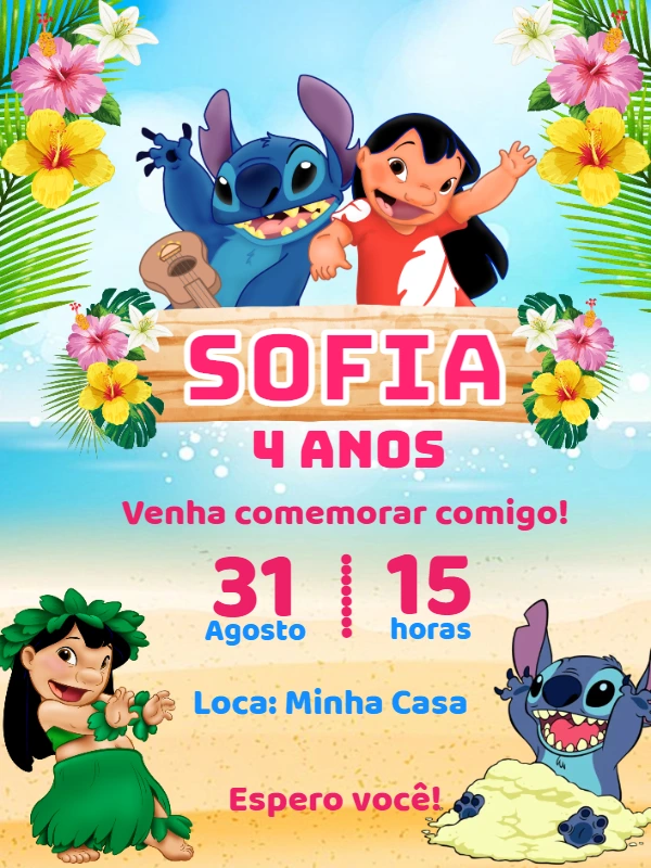 Convite Aniversário Lilo e Stitch com Personagens para Editar
