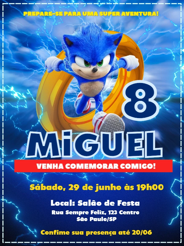 Convite de Aniversário do Sonic para Editar Online
