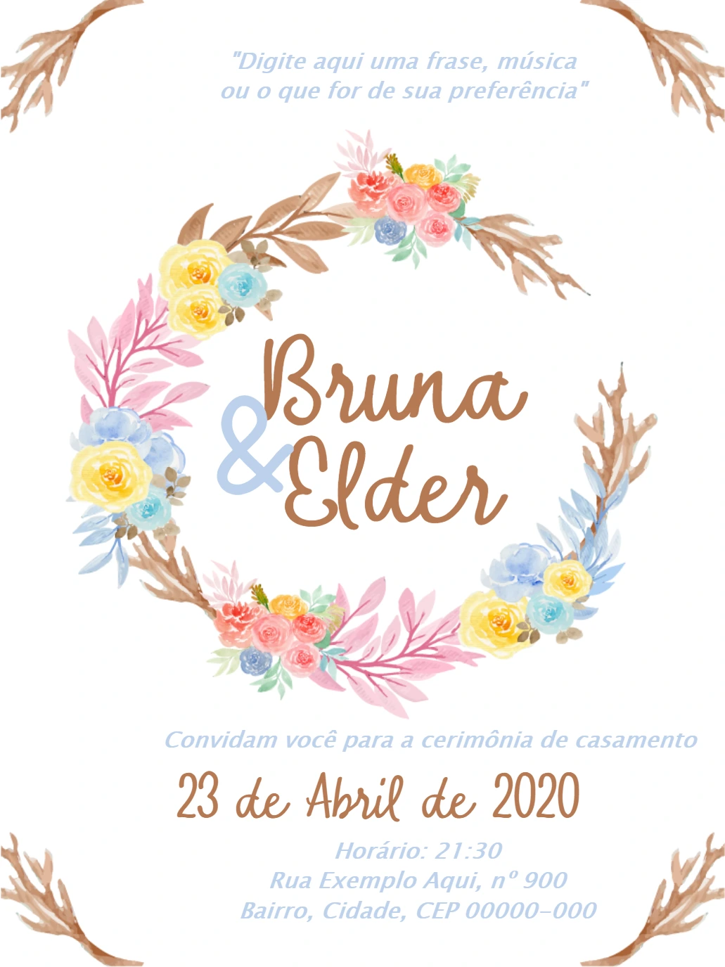 Convite de Casamento Floral Rústico para Editar Online