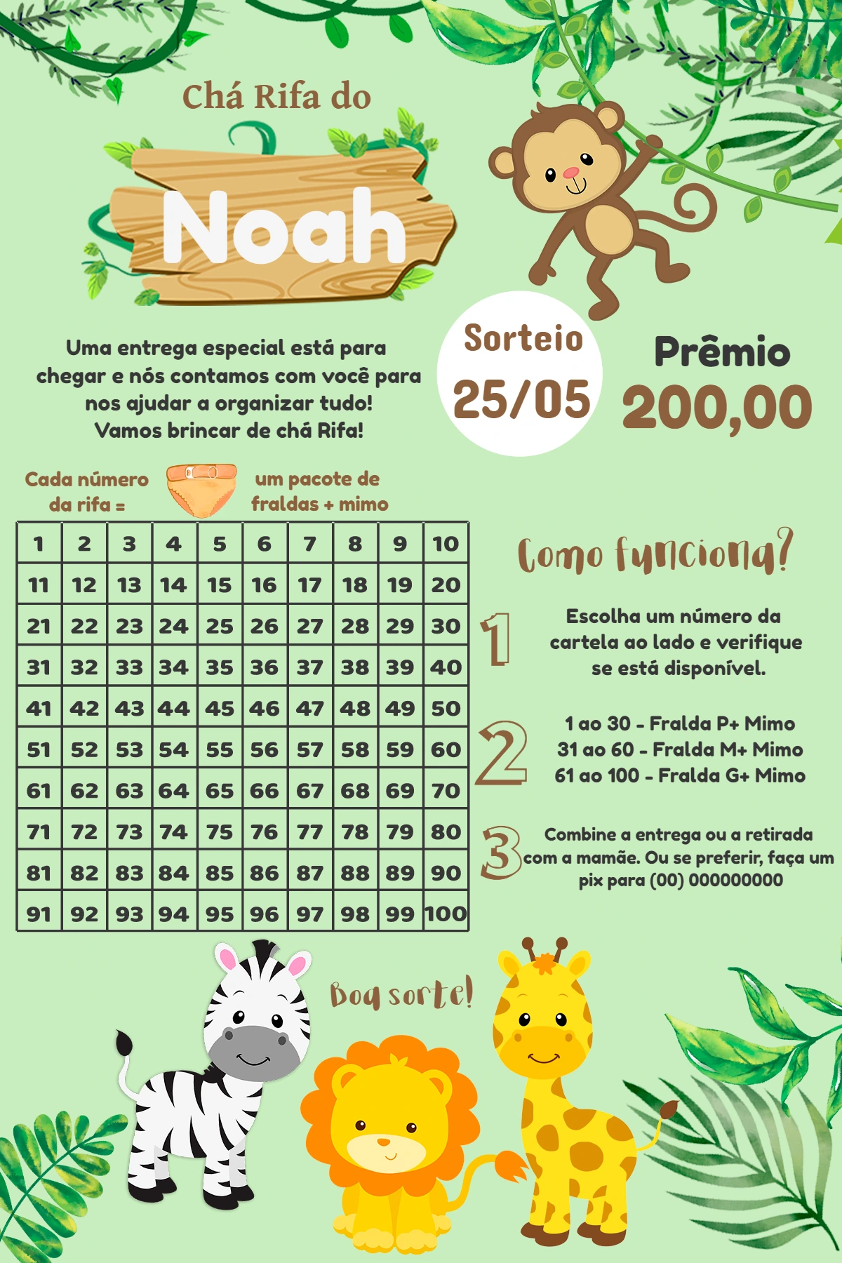 Chá Rifa Safari com Animais Fofos para Editar Online