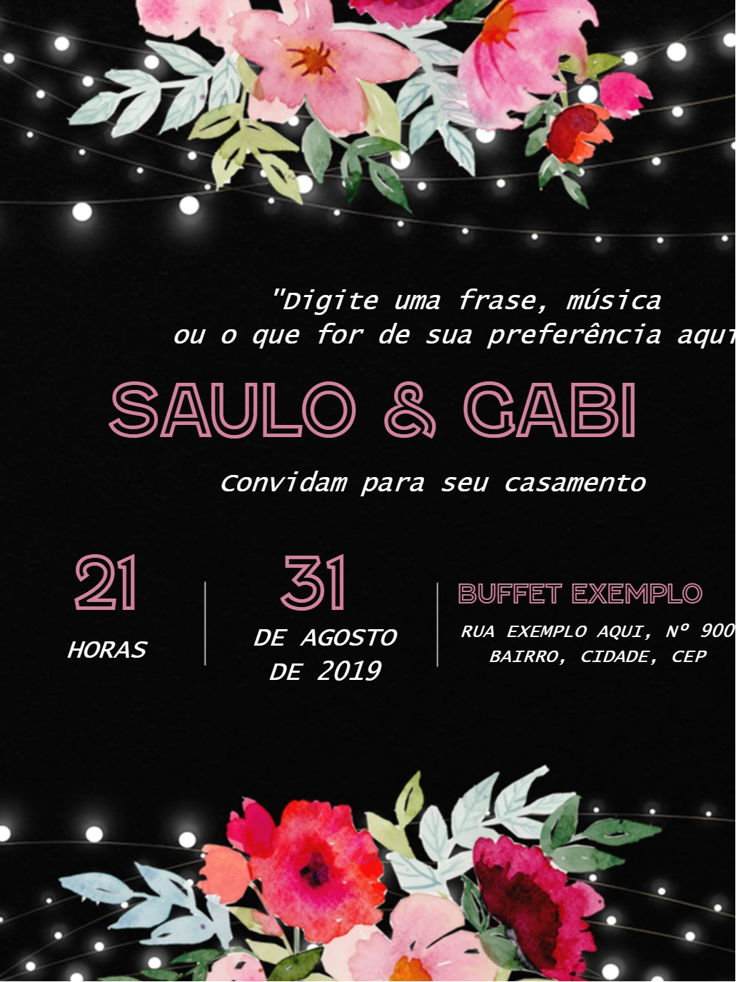 Convite de Casamento Floral com Luzes para Editar Online