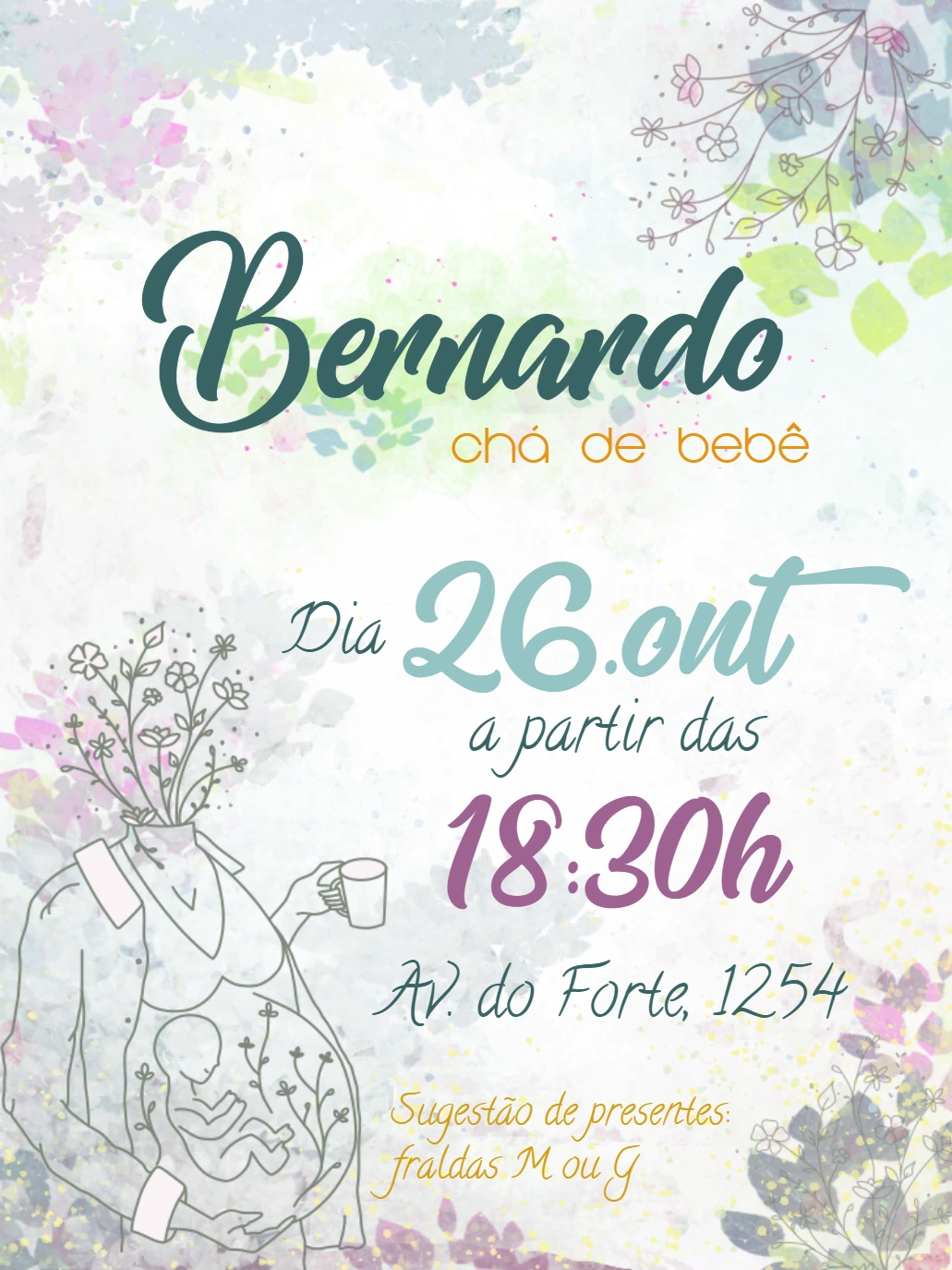 Convite Chá de Bebê Aquarela Artístico para Editar Online