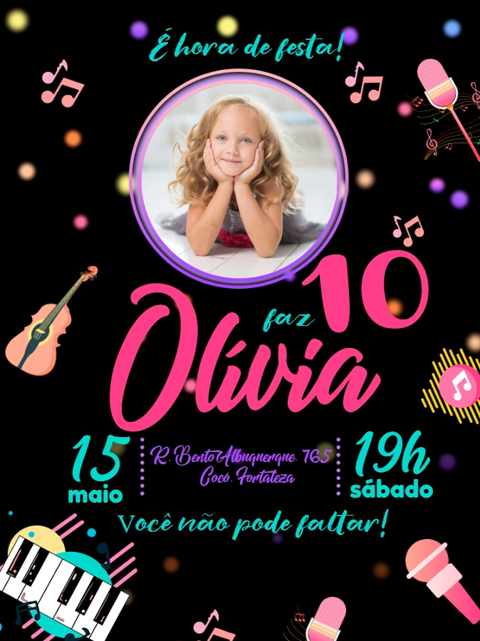 Convite Aniversário Musical com Foto para Editar Online
