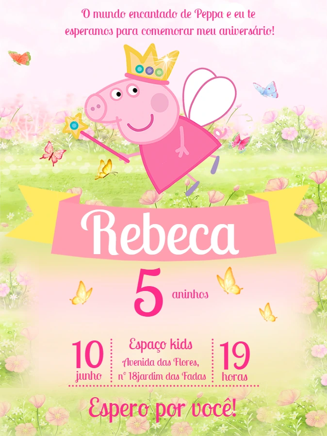 Convite Aniversário Peppa Pig Fada para Editar Online