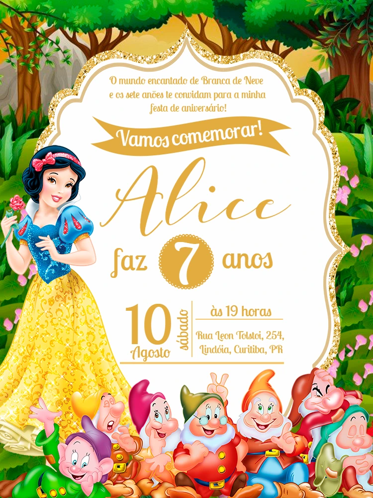 Convite de Aniversário Branca de Neve para Editar Online