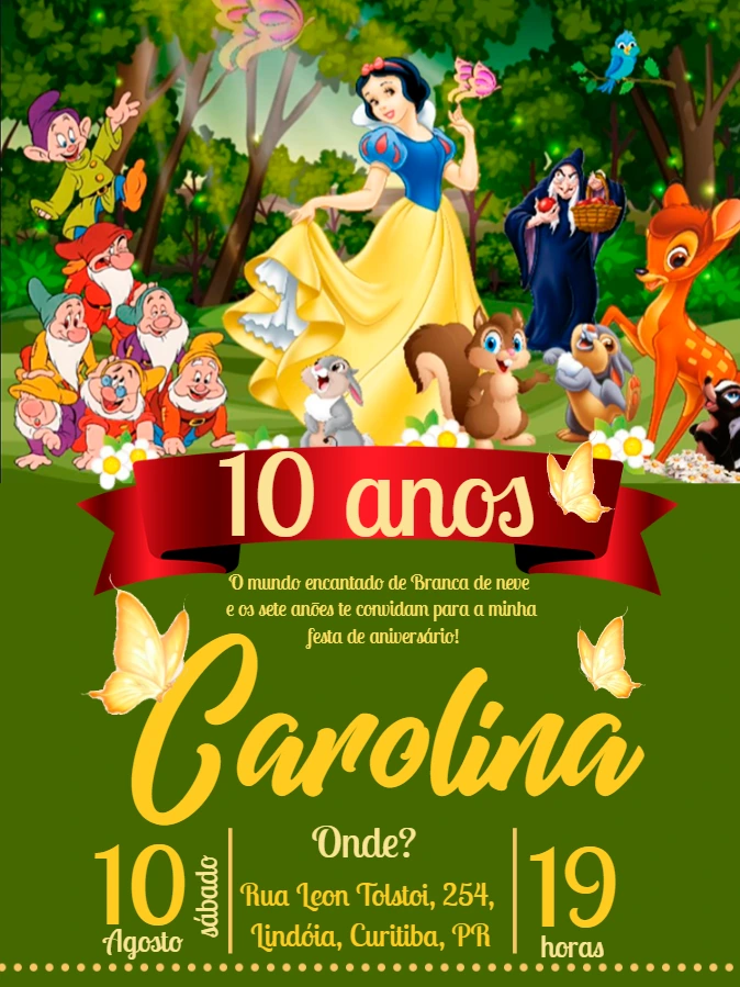 Convite Aniversário Branca de Neve e os Sete Anões para Editar