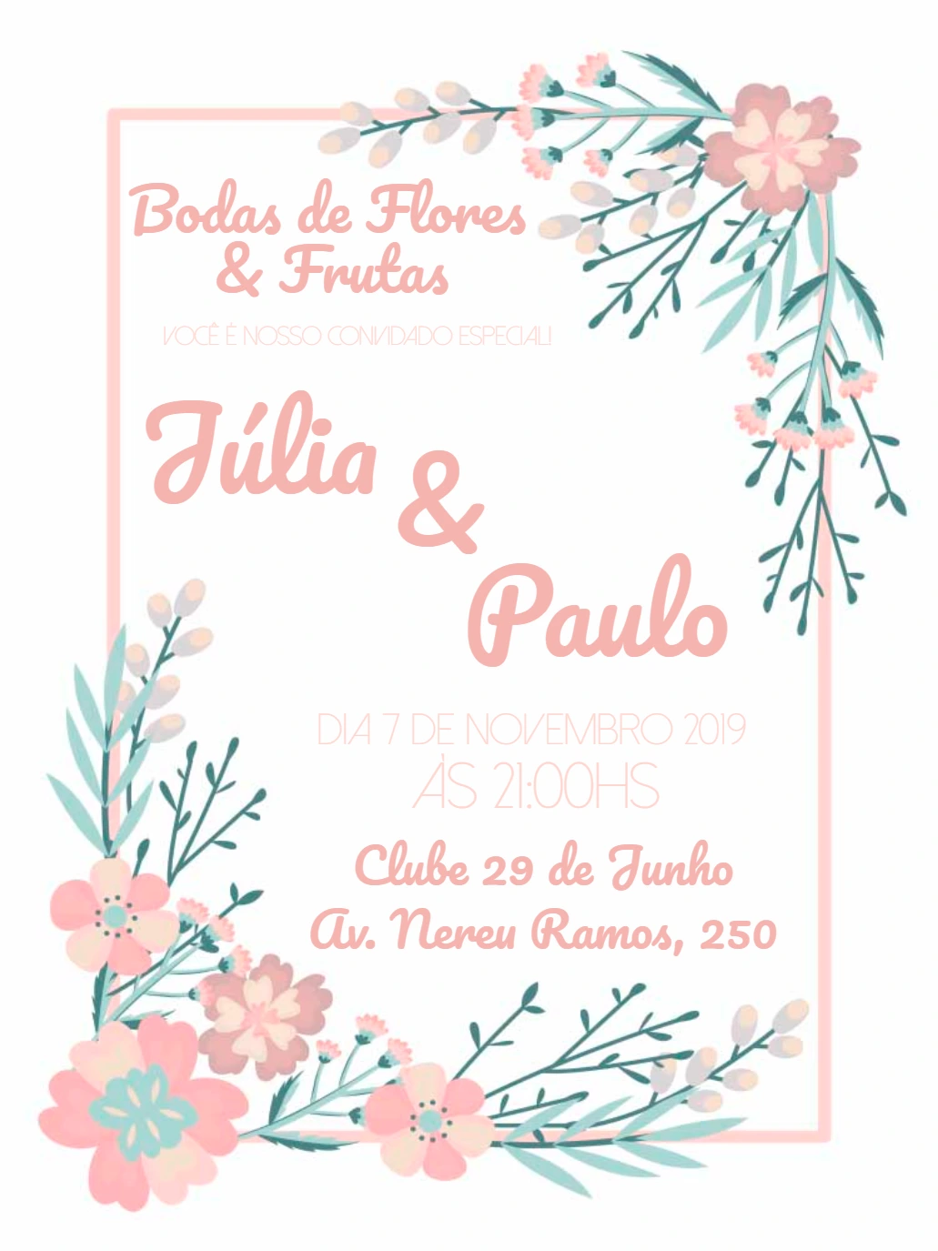 Convite Bodas de Flores e Frutas com tema floral para Editar