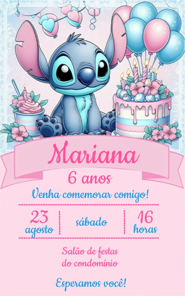 Convite de Aniversário Stitch Rosa para Editar Online