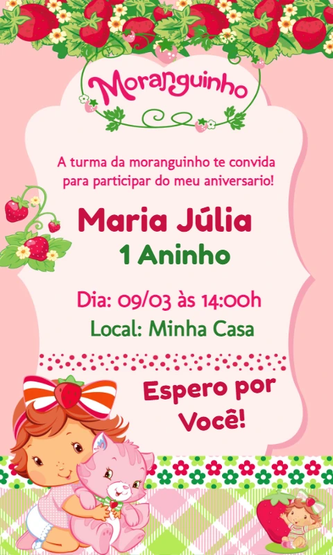 Convite de Aniversário Moranguinho Baby para Editar Online