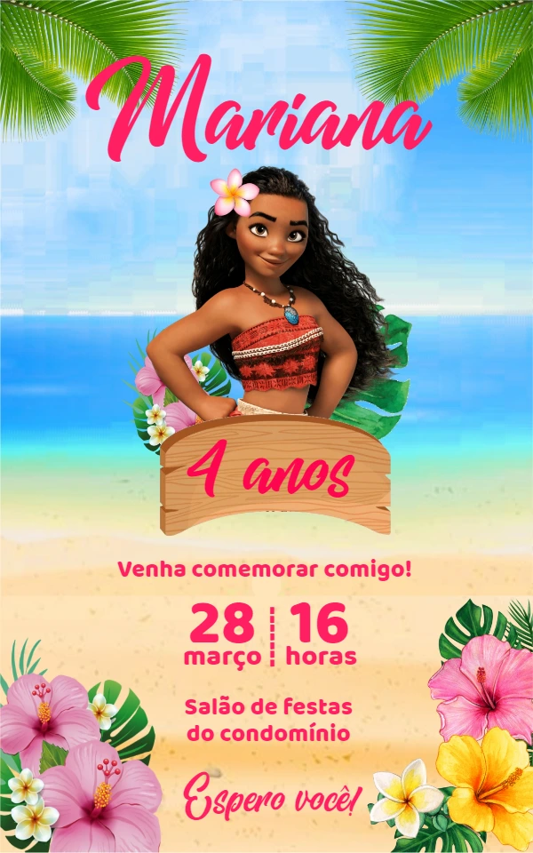 Convite de Aniversário Moana para Editar Online