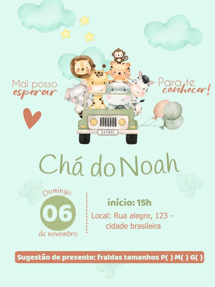 Convite Chá de Fraldas Safari com Animais Editável Online