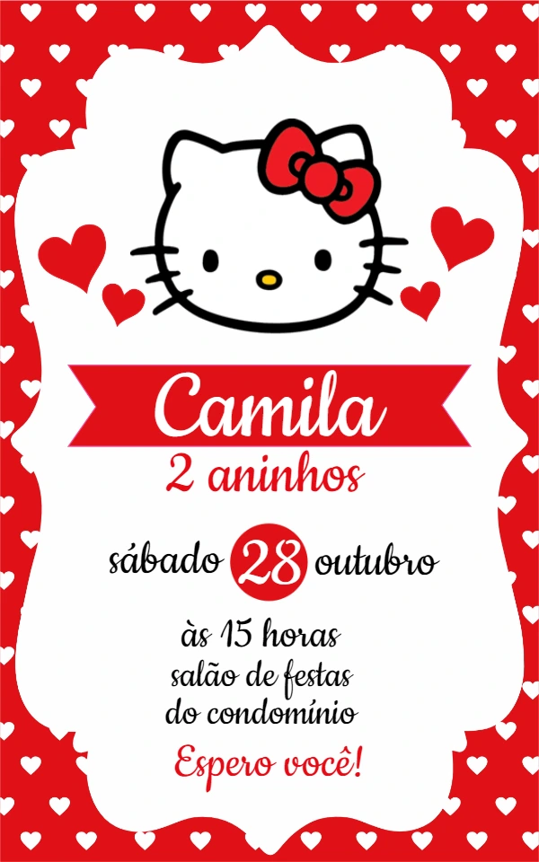 Convite Aniversário Hello Kitty Vermelho para Editar Online