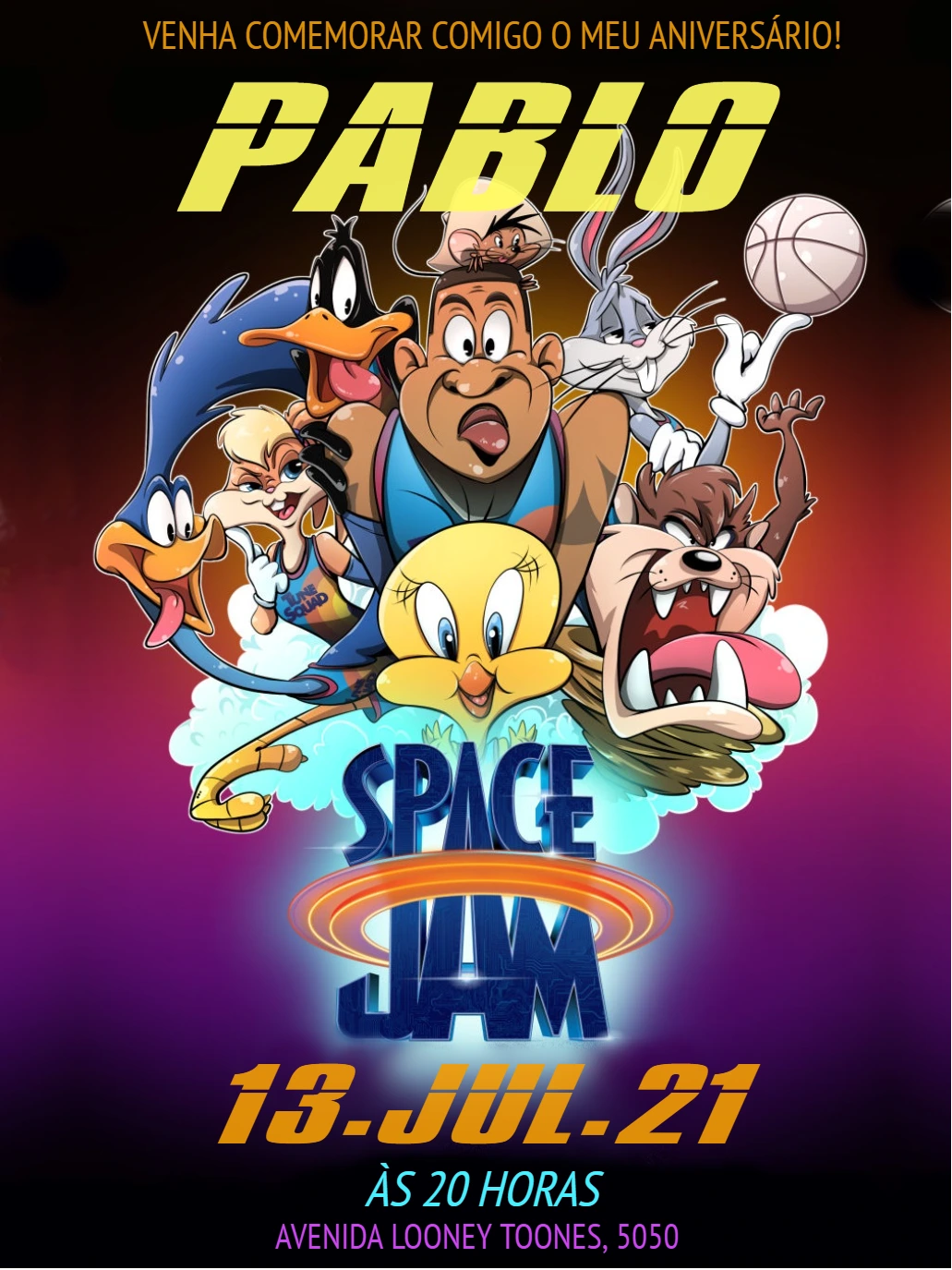 Convite Aniversário Space Jam com Personagens para Editar