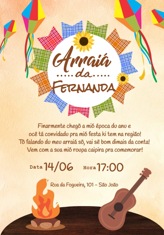 Convite de Aniversário Festa Junina Arraiá para Editar Online