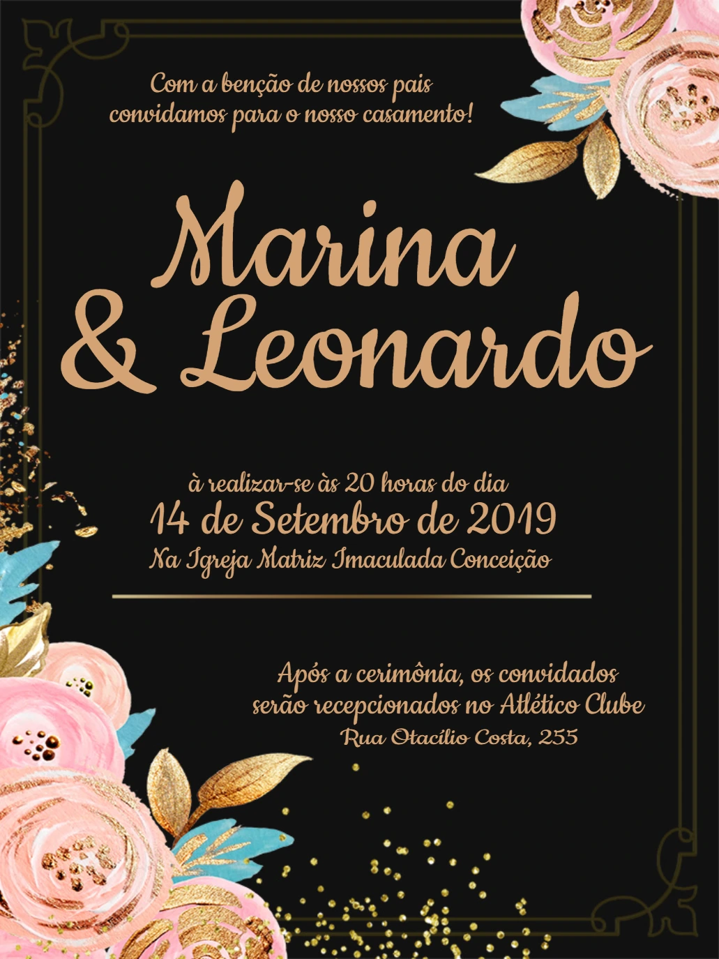 Convite de Casamento Floral Preto e Dourado para Editar Online