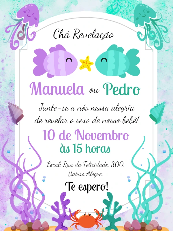 Convite Chá Revelação Fundo do Mar Lilás e Verde para Editar