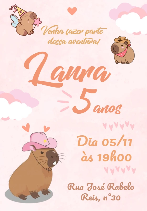 Convite de Aniversário Capivara Fofa para Editar Online