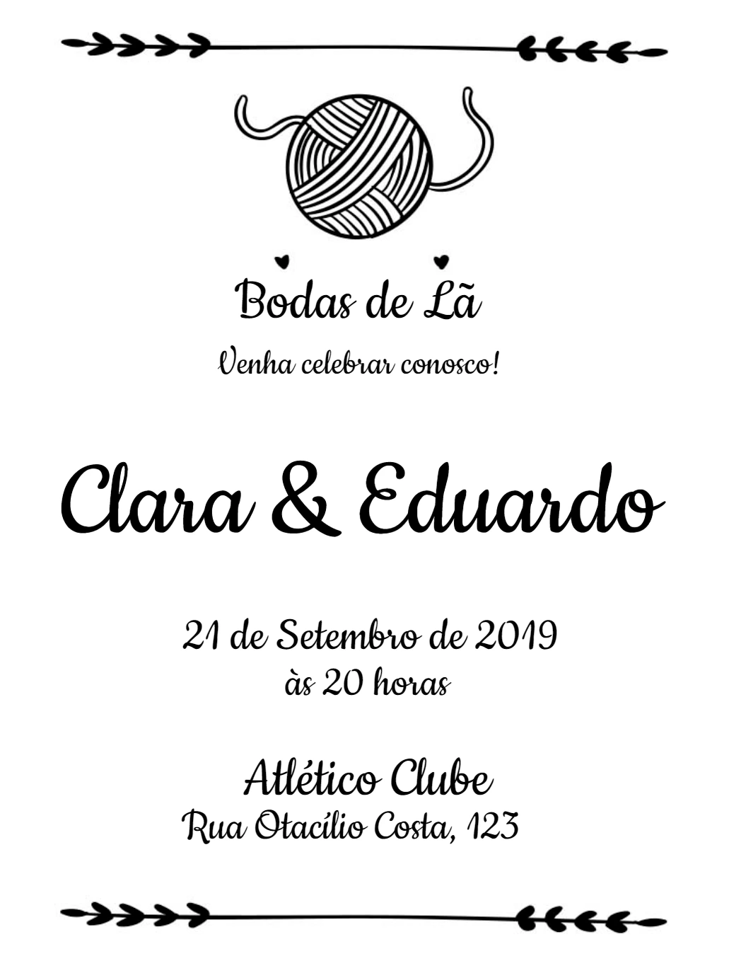 Convite Bodas de Lã com Desenho de Novelo para Editar