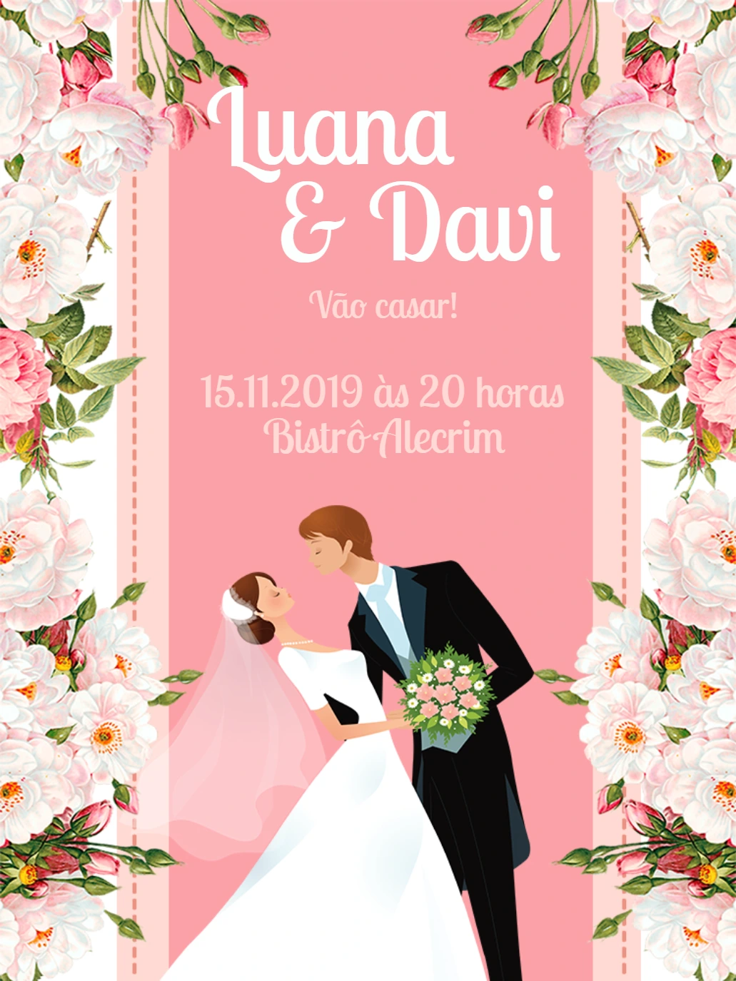 Convite de Casamento Floral com Casal para Editar Online