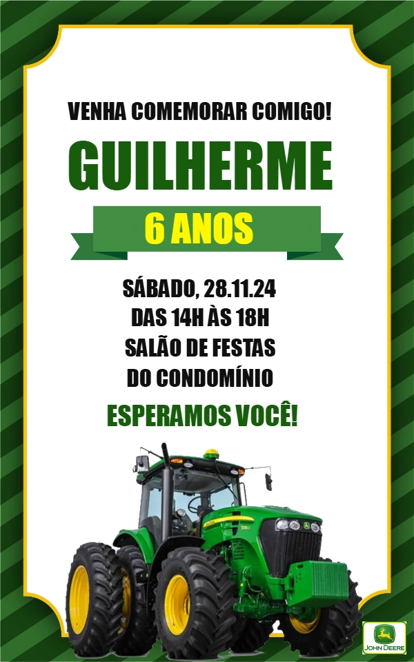 Convite Aniversário Trator John Deere para Editar Online