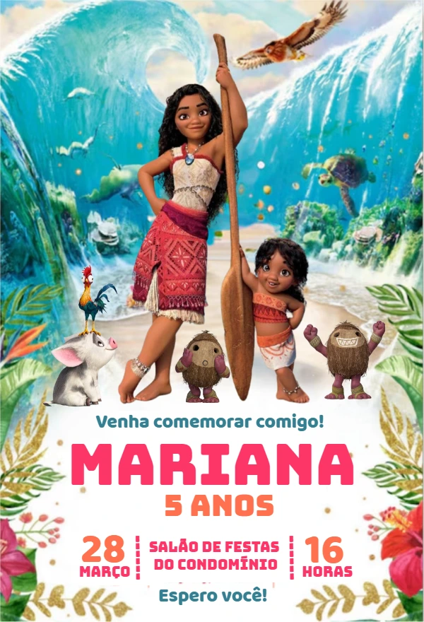 Convite Aniversário Moana e Amigos para Editar Online