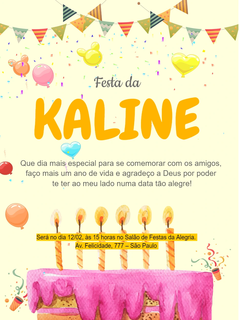 Convite de Aniversário com Bolo Rosa e Amarelo para Editar