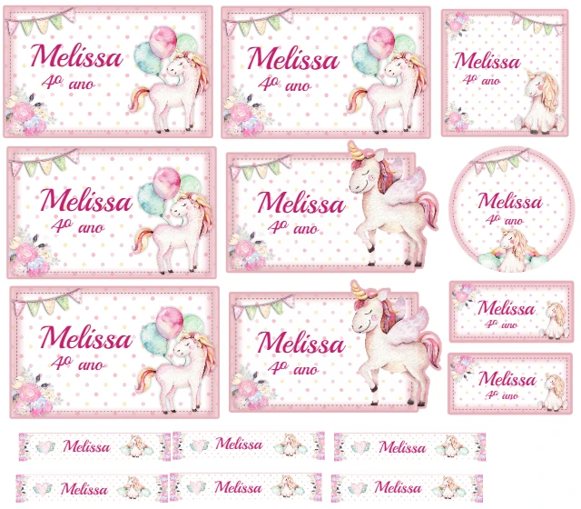 Kit Etiqueta Escolar Unicórnio para Editar Online