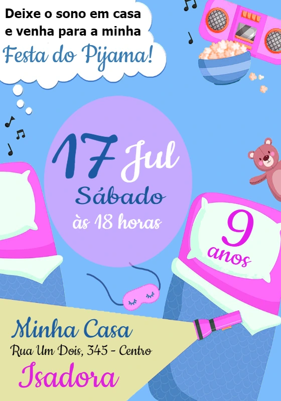 Convite Aniversário Festa do Pijama Colorido para Editar Online