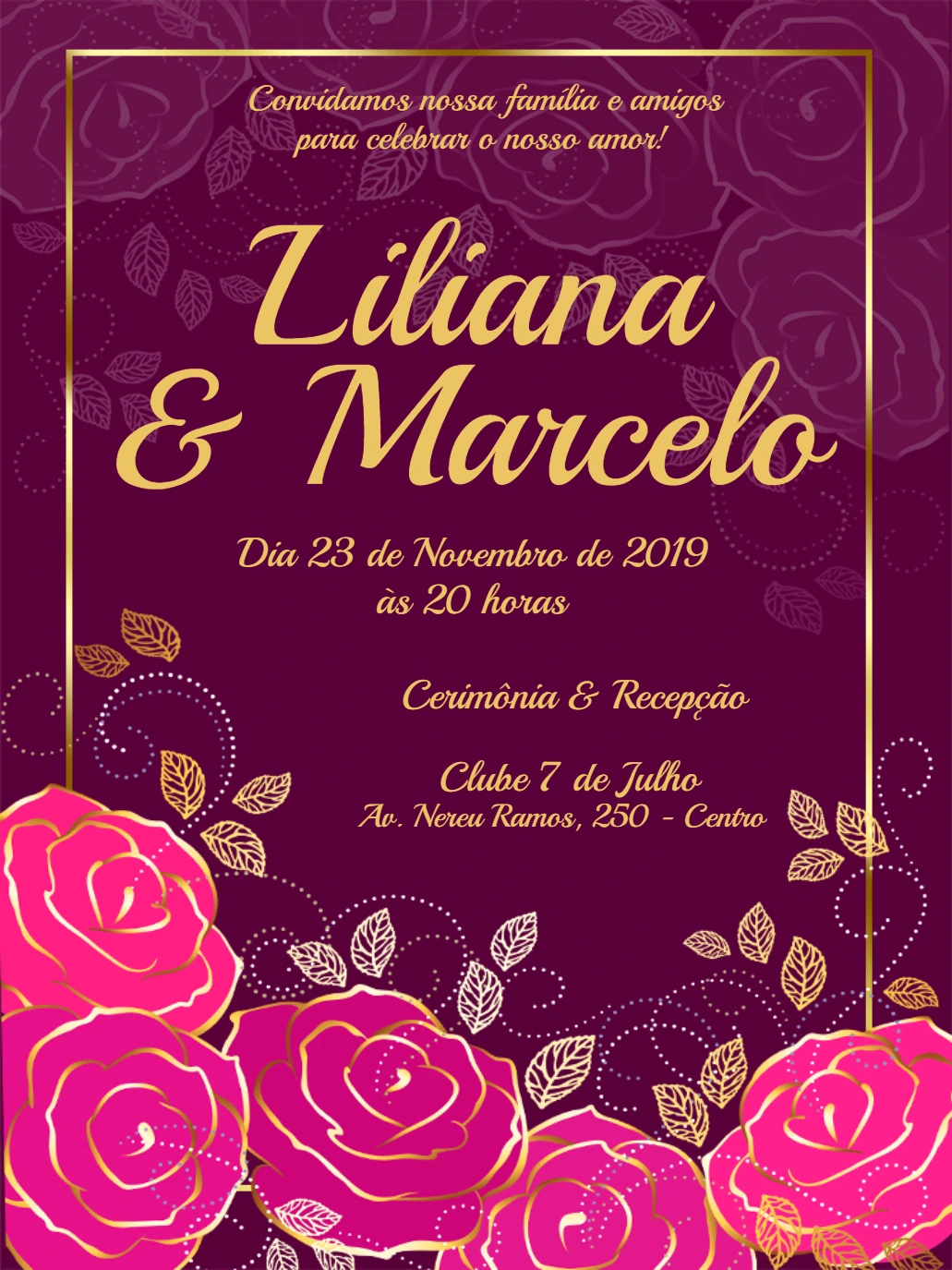 Convite de Casamento Floral Roxo e Dourado para Editar Online