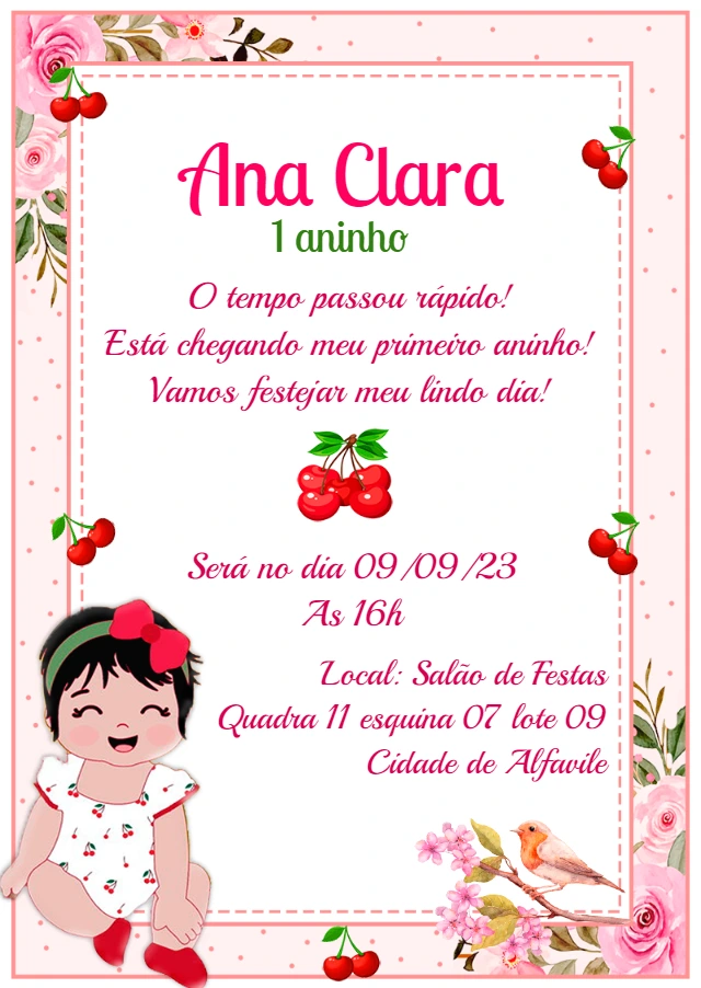 Convite Aniversário Cereja Fofo para Editar Online
