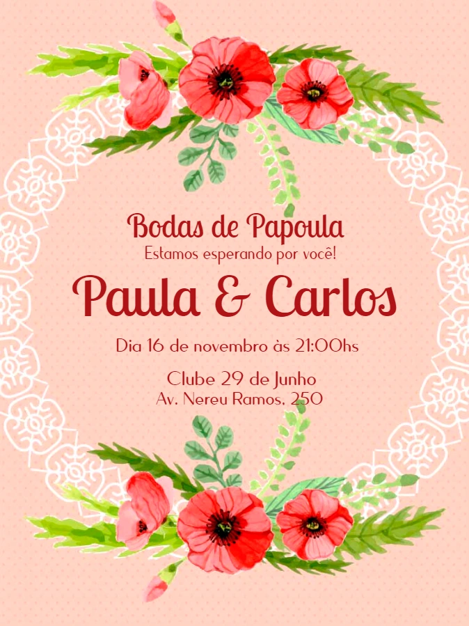 Convite Bodas de Papoula Floral para Editar Online