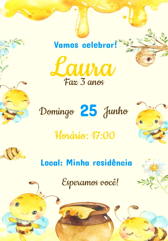 Convite de Aniversário Abelhinha Fofa para Editar Online