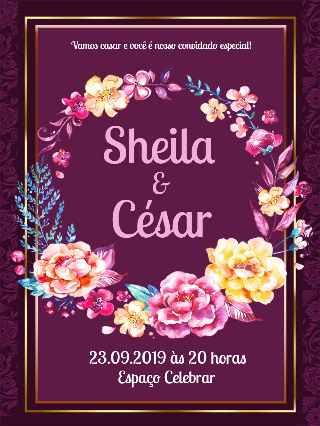Convite de Casamento Floral Roxo para Editar Online