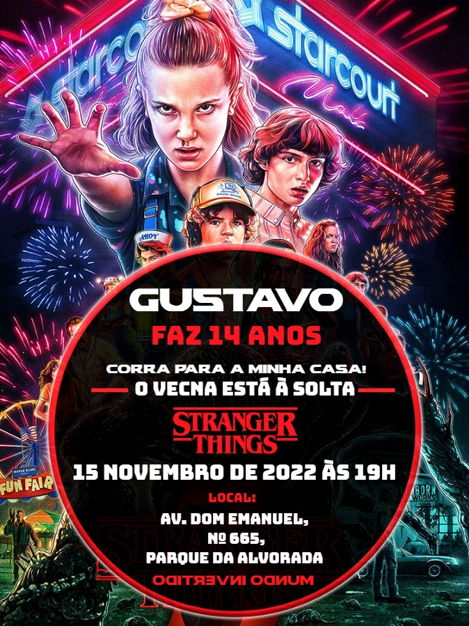 Convite Aniversário Stranger Things com Personagens para Editar