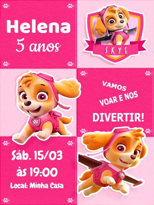 Convite Aniversário Skye Patrulha Canina para Editar Online