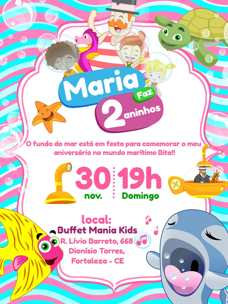Convite Aniversário Mundo Bita Fundo do Mar para Editar Online