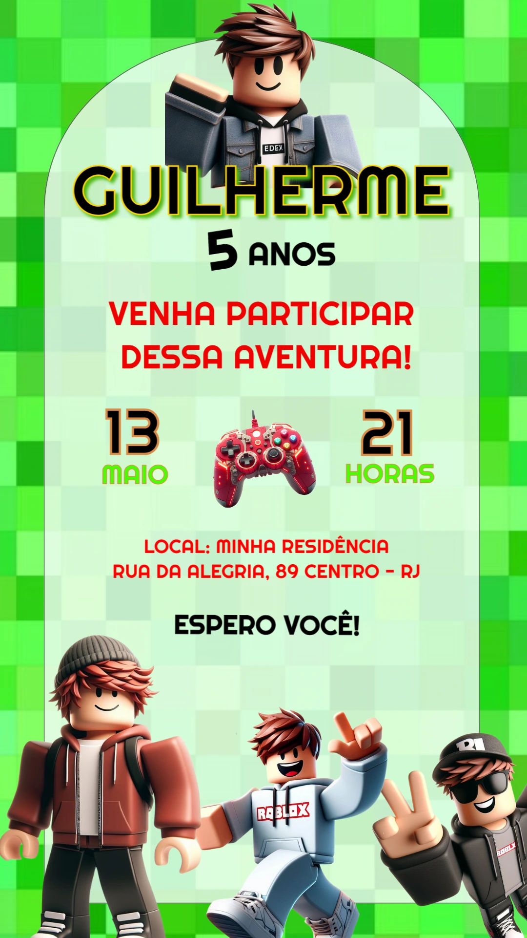 Convite de Aniversário Roblox com Personagens para Editar Online